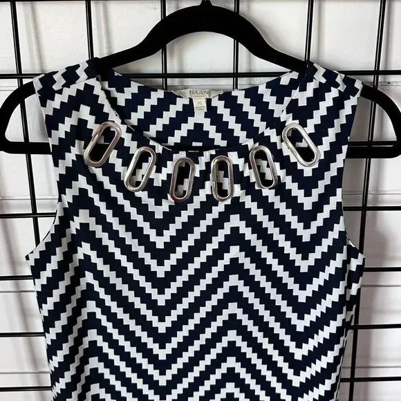 Haani Dress Womens Small Petite Blue White Geometric Business Casual Wedding - Picture 2 of 11